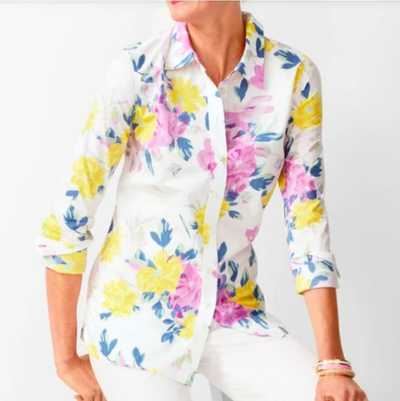 Talbots Classic Floral cotton shirt - pastels (lavender, yellow, blue) - Picture 3 of 10